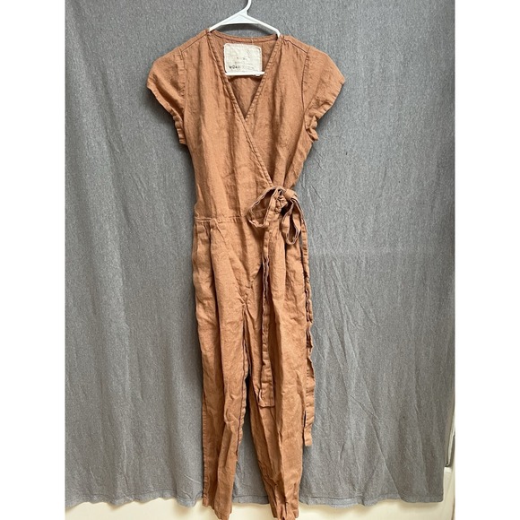Not Perfect Linen Pants - Not Perfect Linen Wrap Short Sleeve Orange Jumpsuit Romper Size S Womens